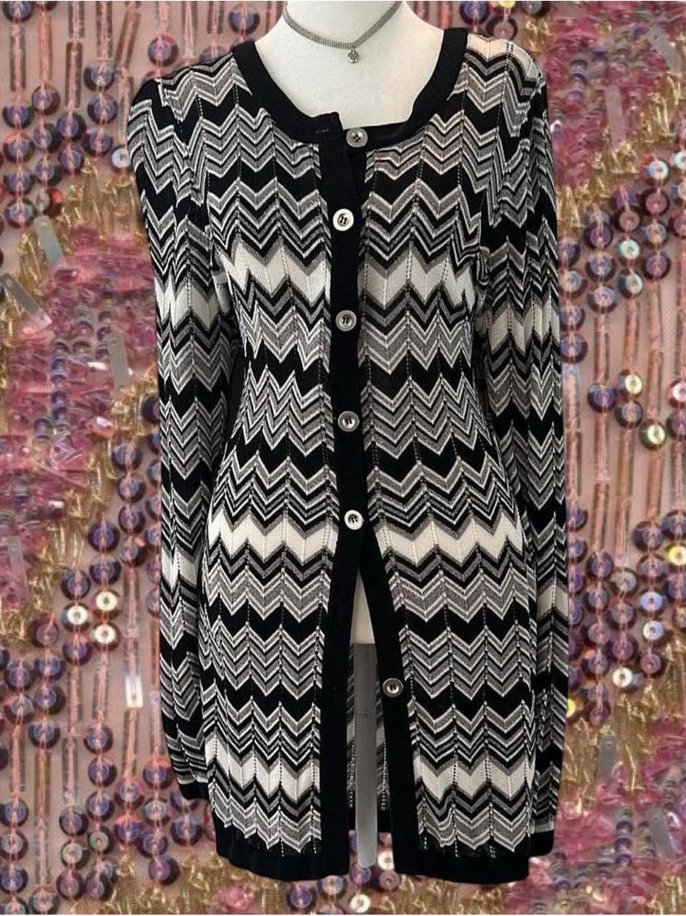 Charter Club Black and White Chevron Knit Cardigan